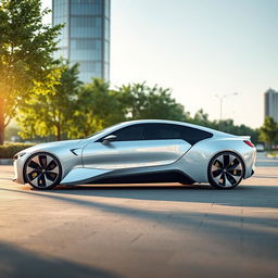 A futuristic white ecological BMW car designed with bionic elements, featuring a sleek low-rider silhouette