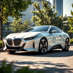 A futuristic white ecological BMW car designed with bionic elements, featuring a sleek low-rider silhouette