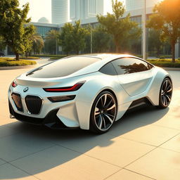 A futuristic white ecological BMW car designed with bionic elements, featuring a sleek low-rider silhouette