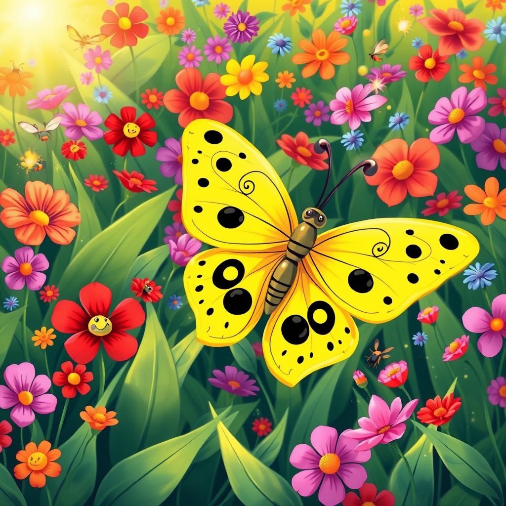 A delightful and captivating illustration of a yellow butterfly with black patterns (largata amarela com preto) designed for a children's book cover