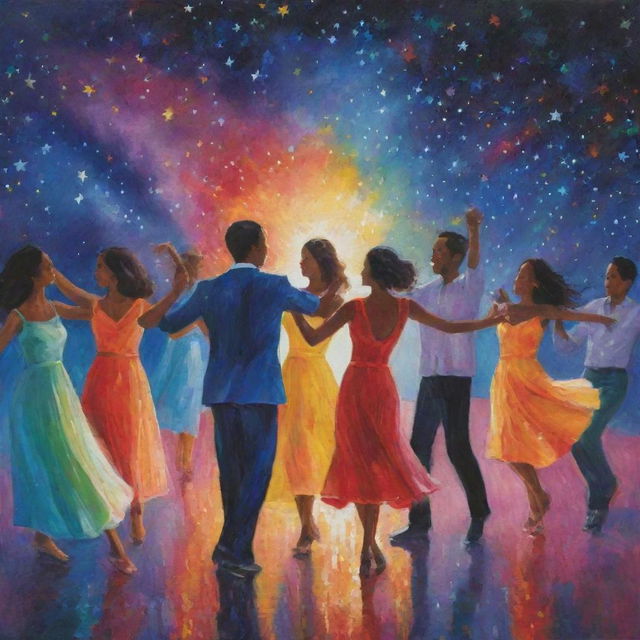 A lively scene of diverse figures dancing under a starlit sky, with vibrant colors reflecting their happiness and the rhythm of the evening.