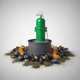 Create a simple 2D illustration of an experimental setup showcasing crushed green Asian mussel shells being used as a fire retardant in a fire sprinkler system. The drawing should include mussel shells, a crusher, a water tank, and a sprinkler system.