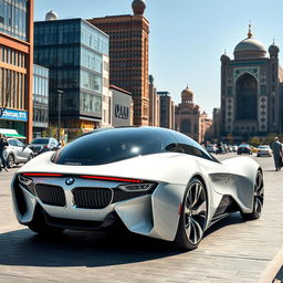 A futuristic white rocket car inspired by BMW's design, featuring a low-profile aerodynamic shape