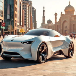 A futuristic white rocket car inspired by BMW's design, featuring a low-profile aerodynamic shape