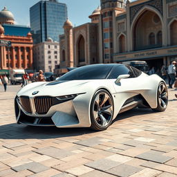 A futuristic white rocket car inspired by BMW's design, featuring a low-profile aerodynamic shape