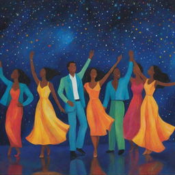 A lively scene of diverse figures dancing under a starlit sky, with vibrant colors reflecting their happiness and the rhythm of the evening.