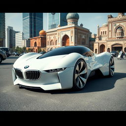 A futuristic white rocket car inspired by BMW's design, featuring a low-profile aerodynamic shape