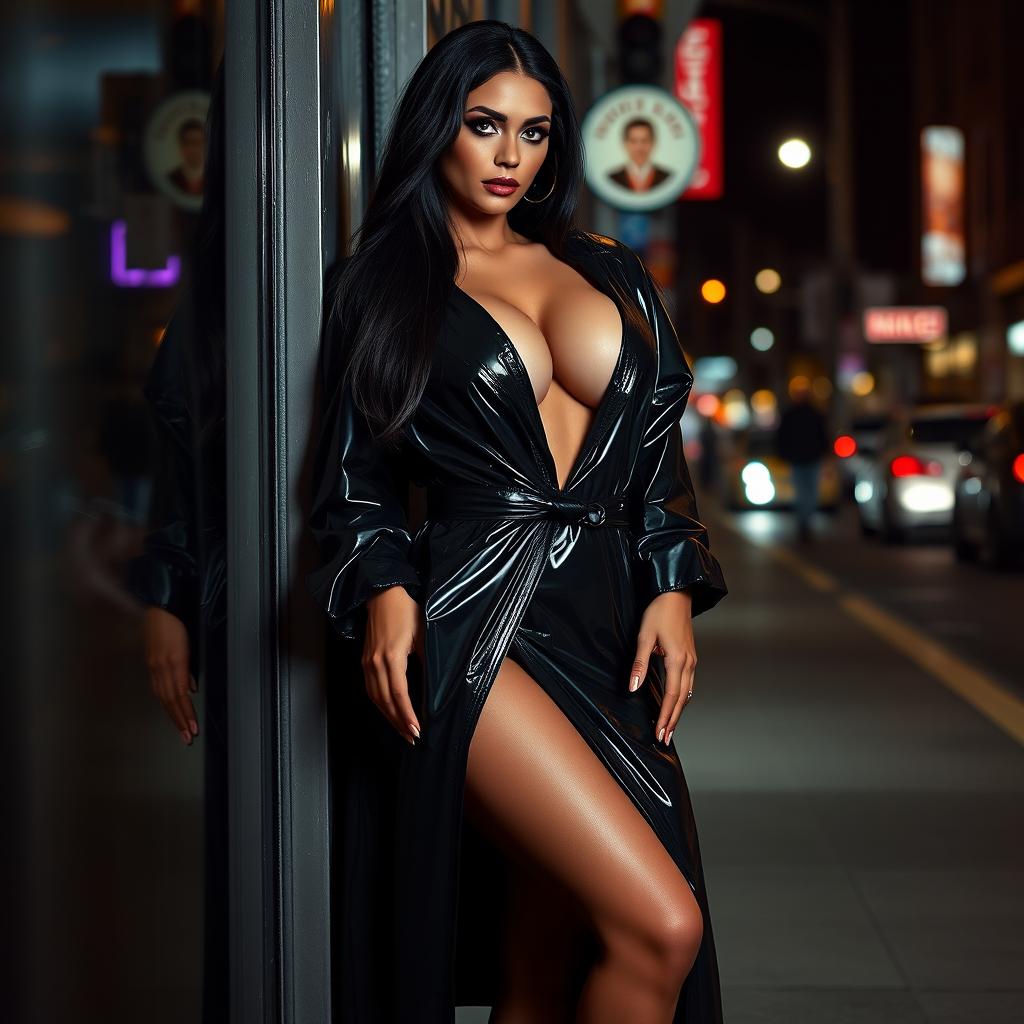 A confident woman with long black hair cascading over her shoulders, showcasing dramatic makeup that emphasizes her striking features