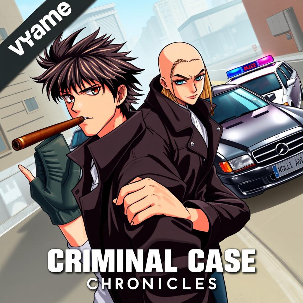 An exciting game poster for an anime-style open-world criminal action adventure titled 'Criminal Case Chronicles'