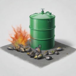 Create a simple 2D illustration of an experimental setup showcasing crushed green Asian mussel shells being used as a fire retardant in a fire sprinkler system. The drawing should include mussel shells, a crusher, a water tank, and a sprinkler system.