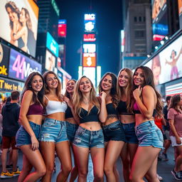 Five hot 20-year-old girls enjoying a vibrant night at Times Square, wearing stylish tiny shorts and trendy crop tops