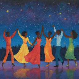 A lively scene of diverse figures dancing under a starlit sky, with vibrant colors reflecting their happiness and the rhythm of the evening.