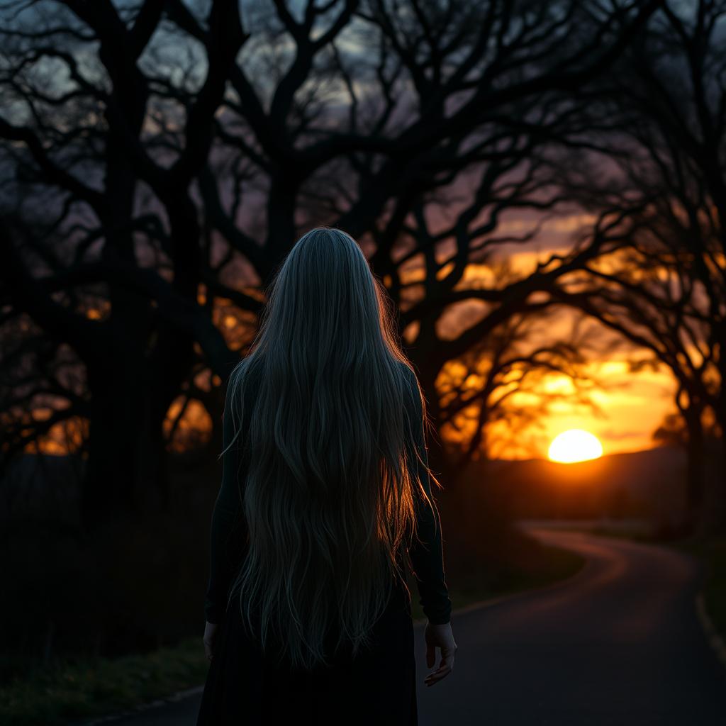 In a dark forest during sunset, an elven woman with long, flowing, silver-grey hair walks along a winding road