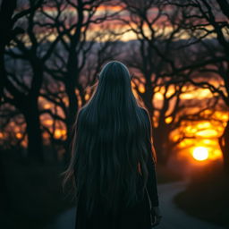 In a dark forest during sunset, an elven woman with long, flowing, silver-grey hair walks along a winding road