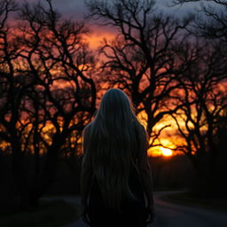 In a dark forest during sunset, an elven woman with long, flowing, silver-grey hair walks along a winding road