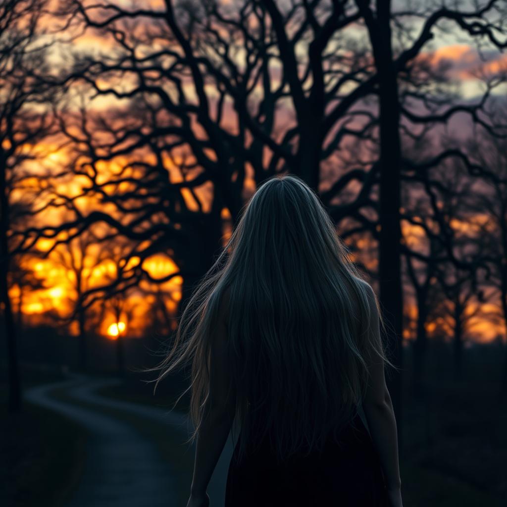 In a dark forest during sunset, an elven woman with long, flowing, silver-grey hair walks along a winding road