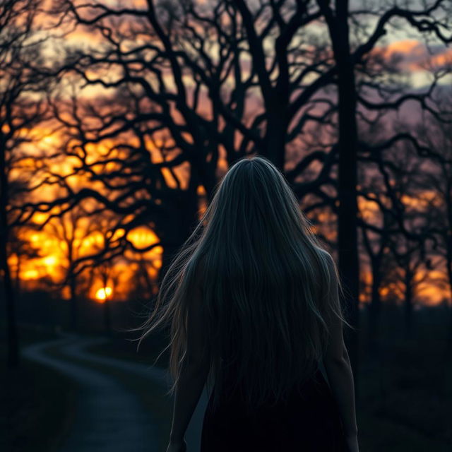 In a dark forest during sunset, an elven woman with long, flowing, silver-grey hair walks along a winding road