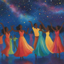 A lively scene of diverse figures dancing under a starlit sky, with vibrant colors reflecting their happiness and the rhythm of the evening.