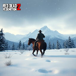 A breathtaking winter landscape inspired by the Red Dead Redemption 2 universe, showcasing a serene snowy field surrounded by majestic mountains