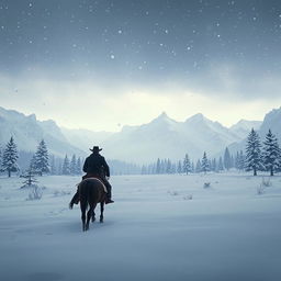 A breathtaking winter landscape inspired by the Red Dead Redemption 2 universe, showcasing a serene snowy field surrounded by majestic mountains