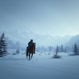 A breathtaking winter landscape inspired by the Red Dead Redemption 2 universe, showcasing a serene snowy field surrounded by majestic mountains