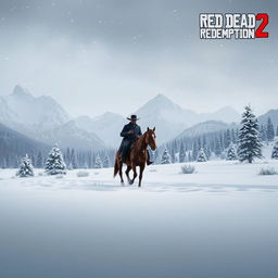 A breathtaking winter landscape inspired by the Red Dead Redemption 2 universe, showcasing a serene snowy field surrounded by majestic mountains