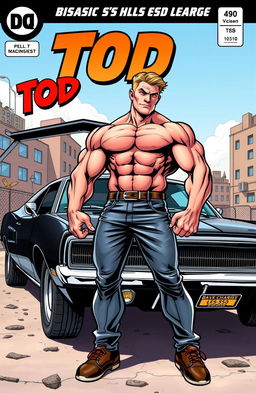 An action-packed comic book cover featuring a muscular man named Tod, showcasing his impressive physique