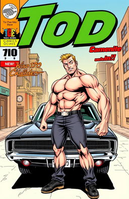 An action-packed comic book cover featuring a muscular man named Tod, showcasing his impressive physique