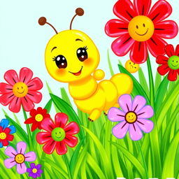 A charming children's drawing of a cute yellow caterpillar depicted in a vibrant garden filled with colorful flowers