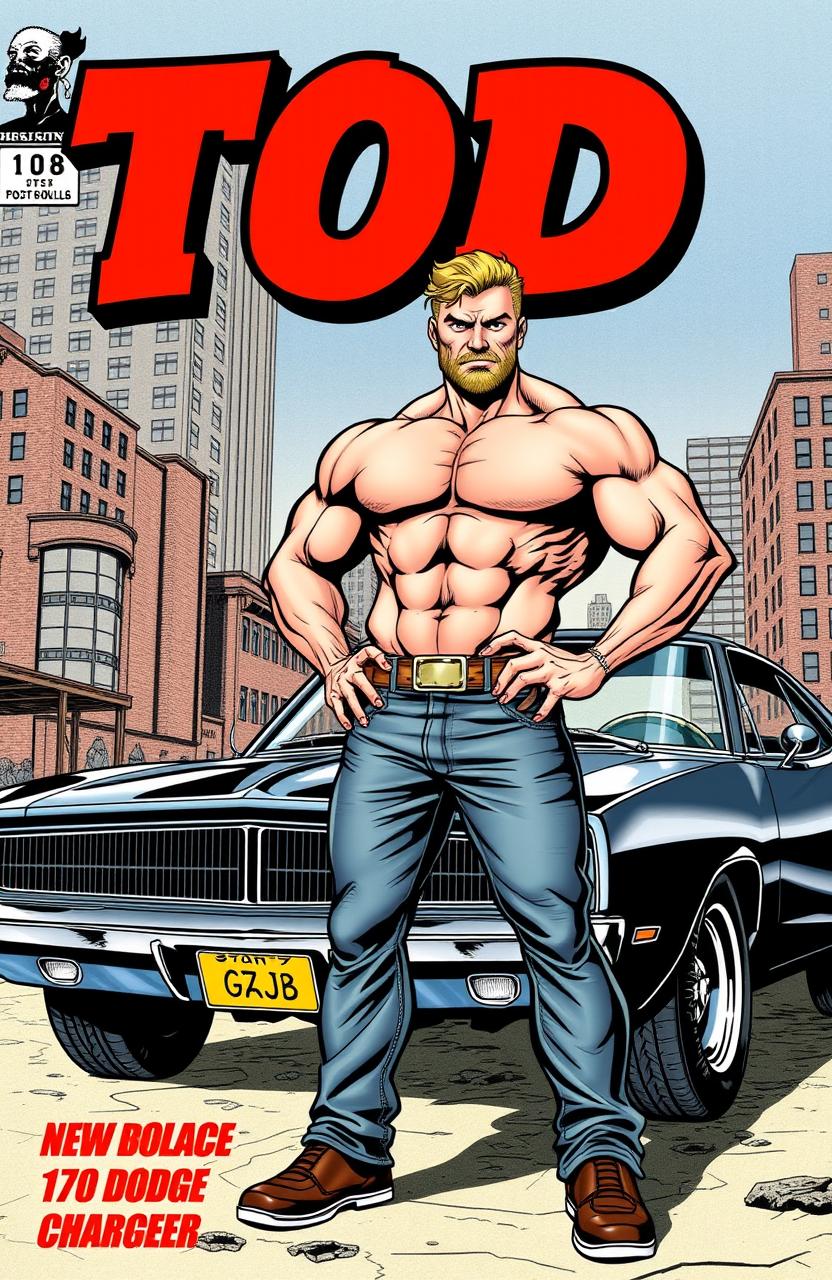 An action-packed comic book cover featuring a muscular man named Tod, showcasing his impressive physique