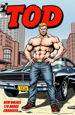 An action-packed comic book cover featuring a muscular man named Tod, showcasing his impressive physique