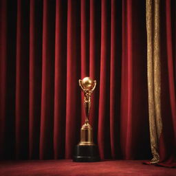 A captivating teaser poster for an upcoming awards night, presenting a red velvet theater curtain backlit by spotlight, a gold trophy at the center, and bold, glittering text unveiling the event details.