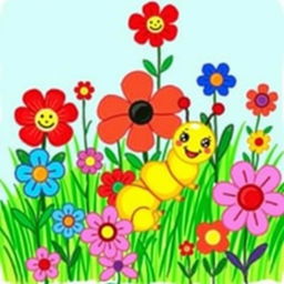 A charming children's drawing of a cute yellow caterpillar depicted in a vibrant garden filled with colorful flowers