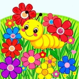 A charming children's drawing of a cute yellow caterpillar depicted in a vibrant garden filled with colorful flowers