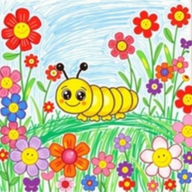 A charming children's drawing of a cute yellow caterpillar depicted in a vibrant garden filled with colorful flowers