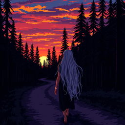 A pixel art scene depicting a dark forest at sunset