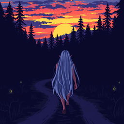 A pixel art scene depicting a dark forest at sunset