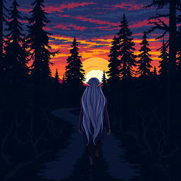 A pixel art scene depicting a dark forest at sunset