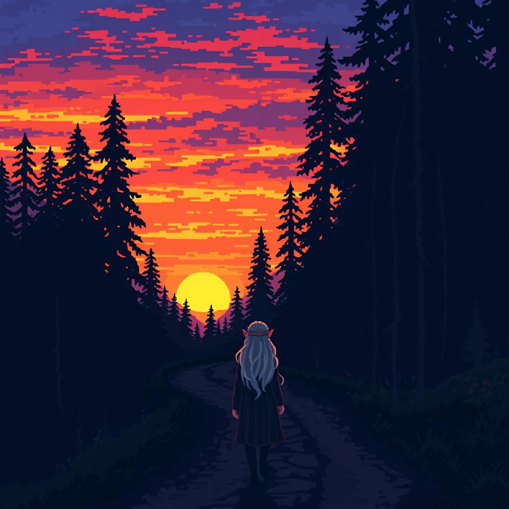 A pixel art scene depicting a dark forest at sunset