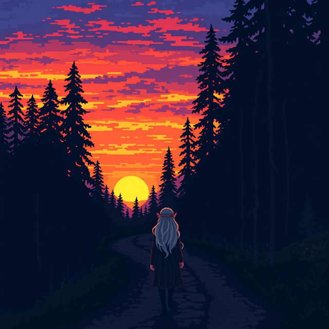 A pixel art scene depicting a dark forest at sunset