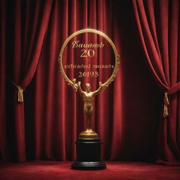 A captivating teaser poster for an upcoming awards night, presenting a red velvet theater curtain backlit by spotlight, a gold trophy at the center, and bold, glittering text unveiling the event details.