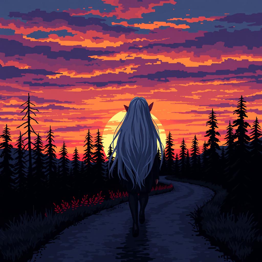 A pixel art scene in a 128x128 resolution depicting a dark forest at sunset