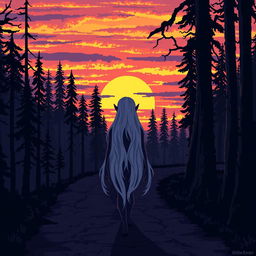 A pixel art scene in a 128x128 resolution depicting a dark forest at sunset