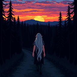 A pixel art scene in a 128x128 resolution depicting a dark forest at sunset