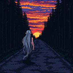 A pixel art scene in a 128x128 resolution depicting a dark forest at sunset