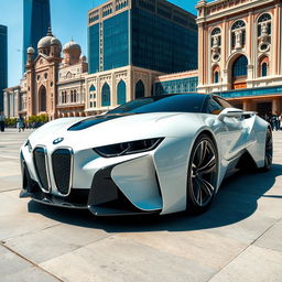 A futuristic white rocket car inspired by BMW, featuring bold design elements with striking black headlights