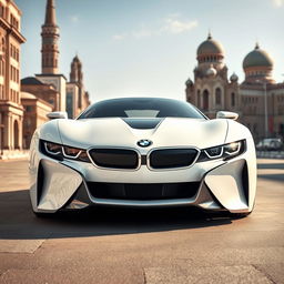 A futuristic white rocket car inspired by BMW, featuring bold design elements with striking black headlights