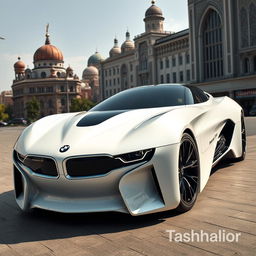 A futuristic white rocket car inspired by BMW, featuring bold design elements with striking black headlights