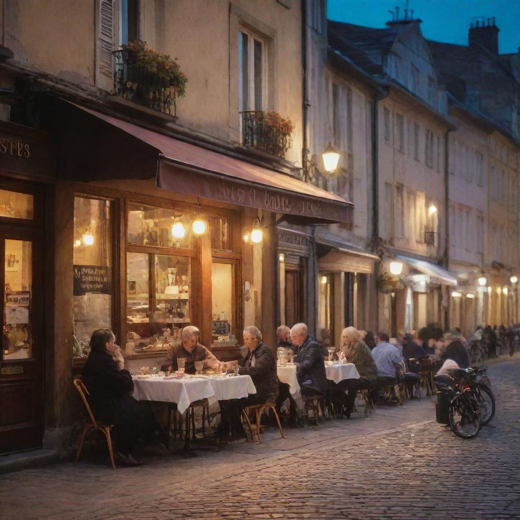 A cozy, quaint street cafe in a historic European city, bathed in the warm glow of evening lights, with patrons enjoying their dessert and coffee.