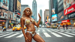 A beautiful 18-year-old Nigerian woman with striking blonde hair and alluring curves, wearing a fashionable bikini adorned with a Bitcoin logo